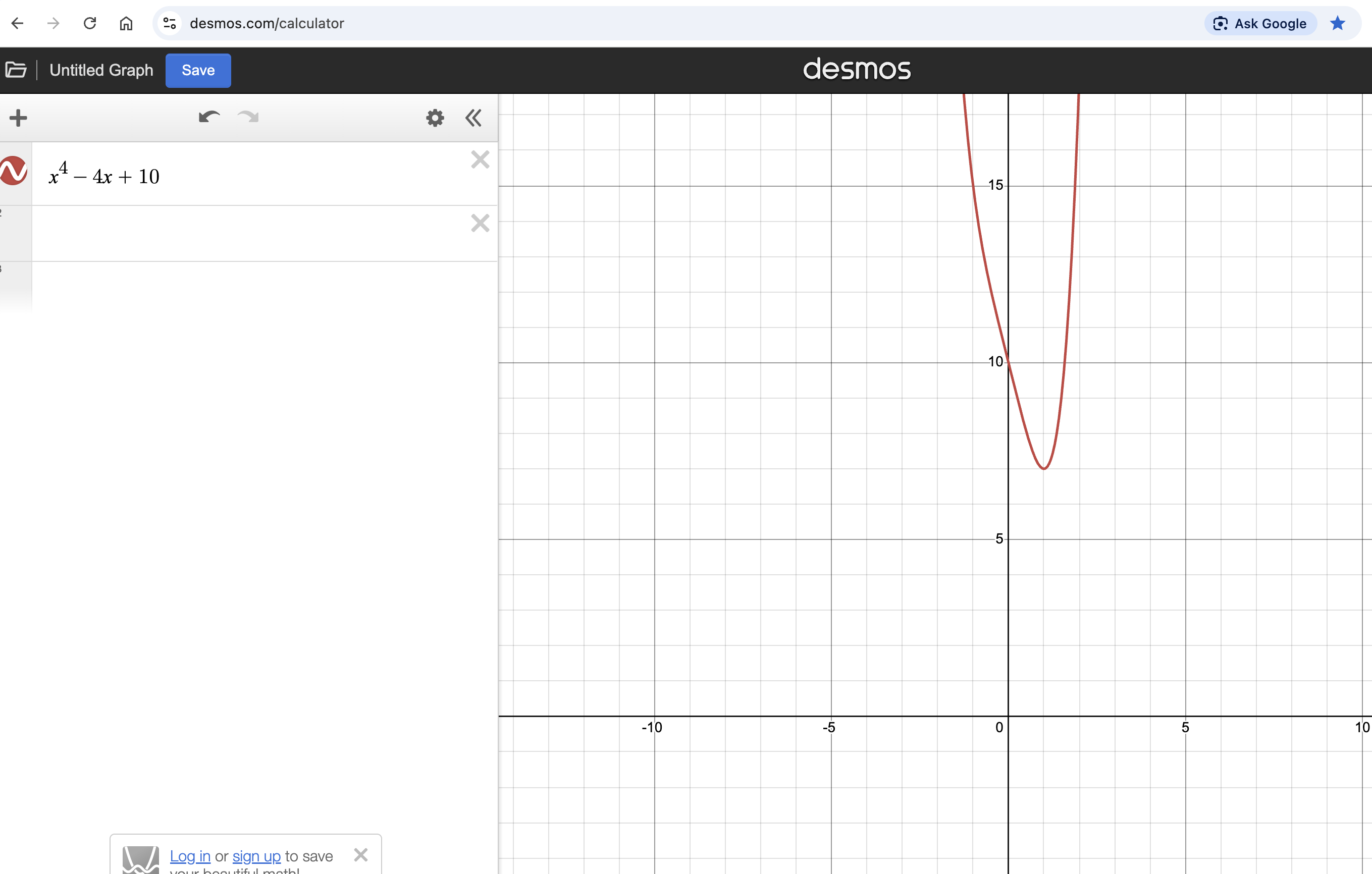 Desmos plot of f(x) = x⁴ − 4x + 10
